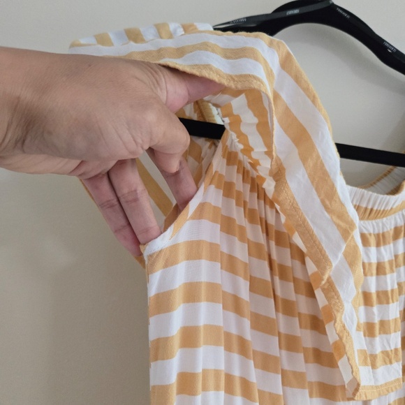 Beige/ Yellowish & White Striped Off-Shoulder A-Line Dress - Picture 2 of 9